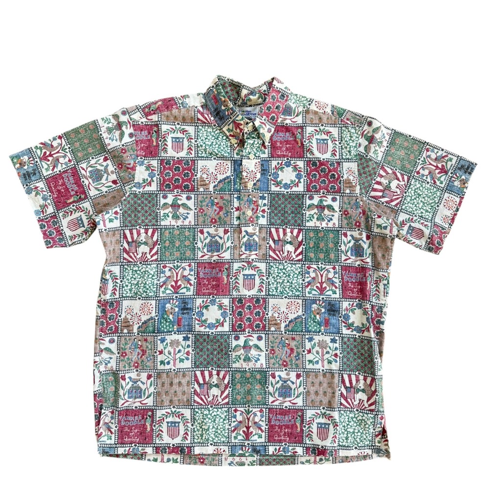 Reyn Spooner 1998 Yankee Doodle Patriotic Patchwork Hawaiian Shirt Mens L